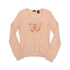VTG Moda International Womens S Pink Angora Blend Butterfly Sequin Y2K Sweater
